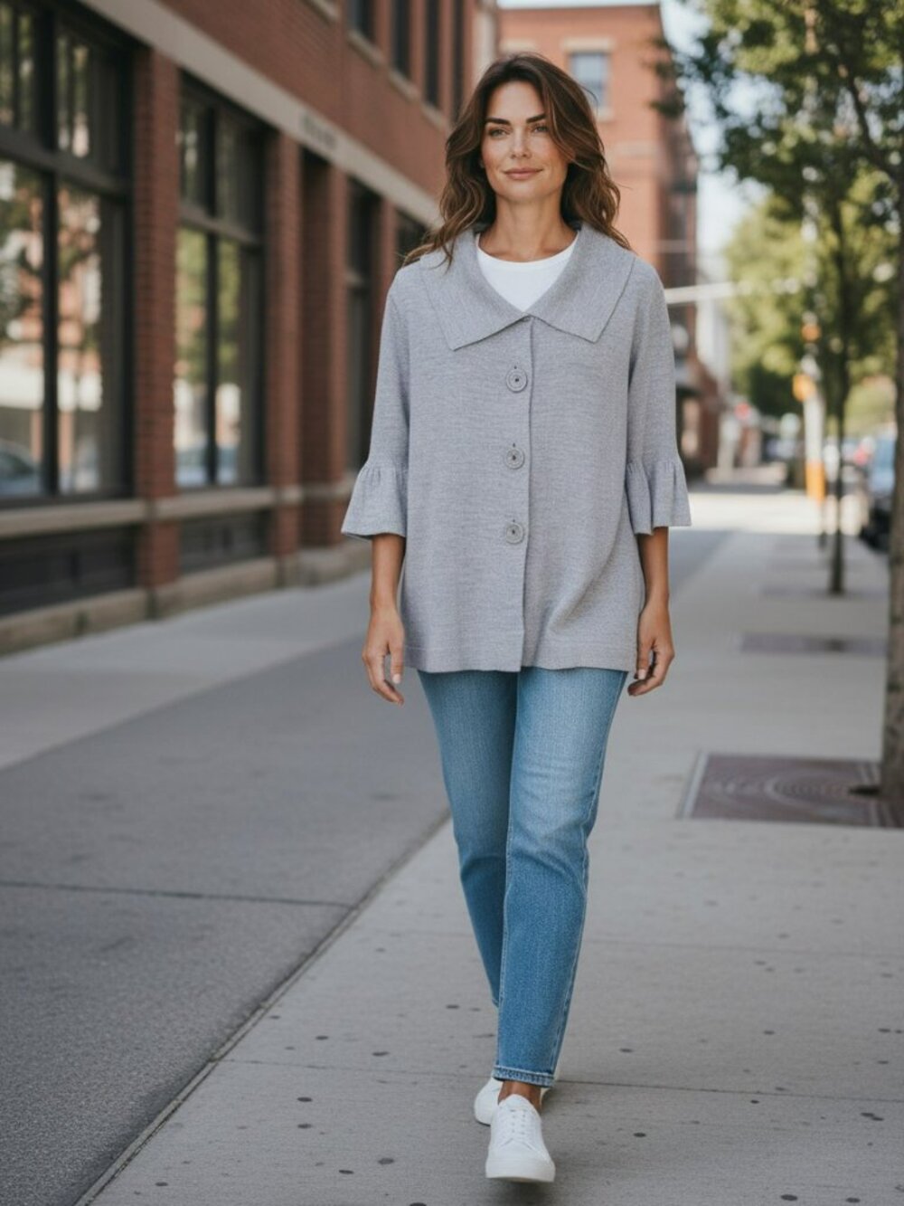 Nick‎ & Mo Sweater Scoop Neckline Ruffled Long Sleeve Gray Button Down size M